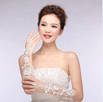 Rhinestone Detailed Lace Applique Fingerless Wedding Gloves