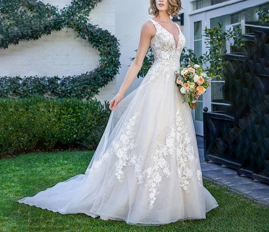 Sleeveless Floral Lace/Tulle A Line Wedding Gown All Sizes/Colors