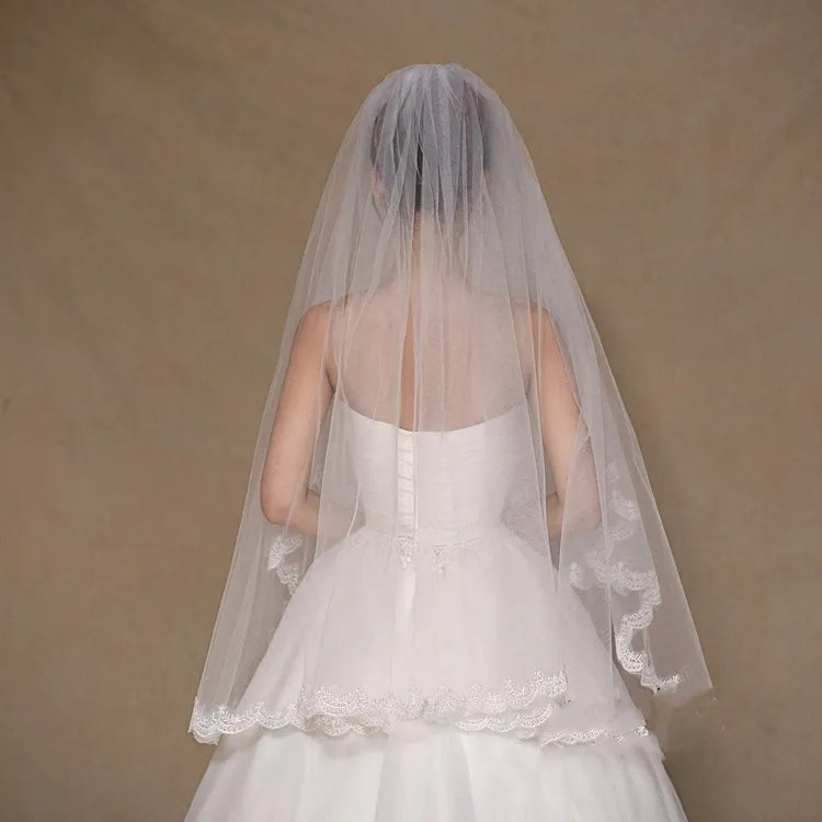 Lace Trim Waist Length Wedding Veil w/ Blusher