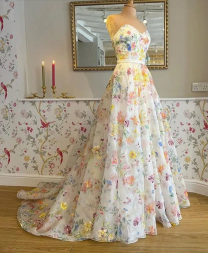 Floral Printed Chiffon Detachable Sleeve Wedding Gown All Sizes