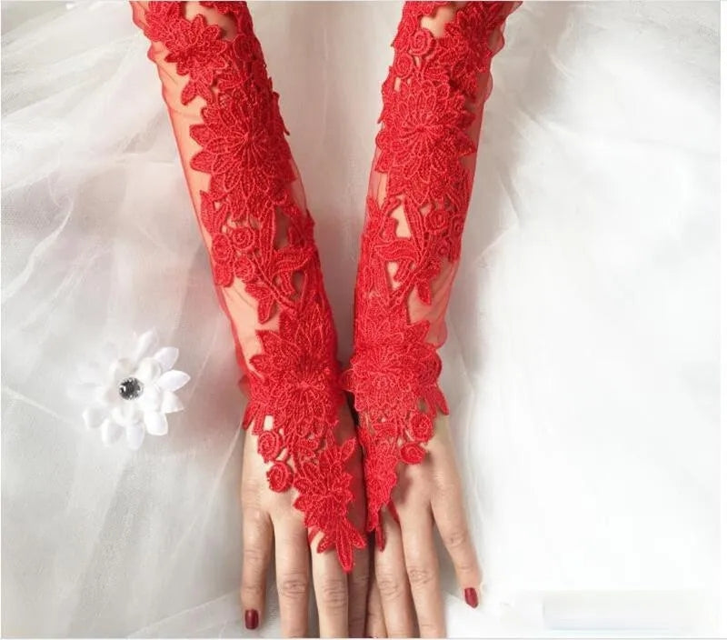 Boho Lace Applique/Tulle Sleeve Style Fingerless Wedding Gloves