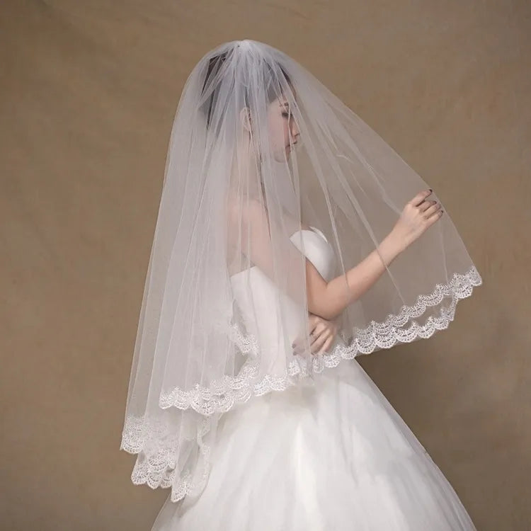 Lace Trim Waist Length Wedding Veil w/ Blusher