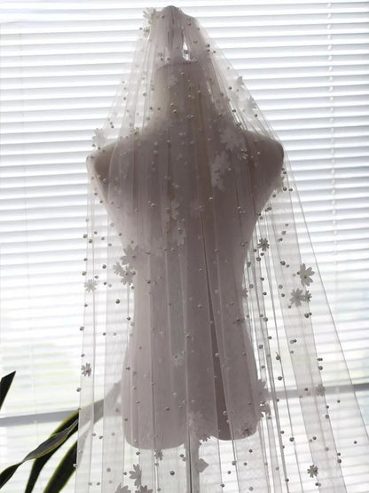 3D Pearl Center Floral Tulle Chapel/Church Wedding Veil