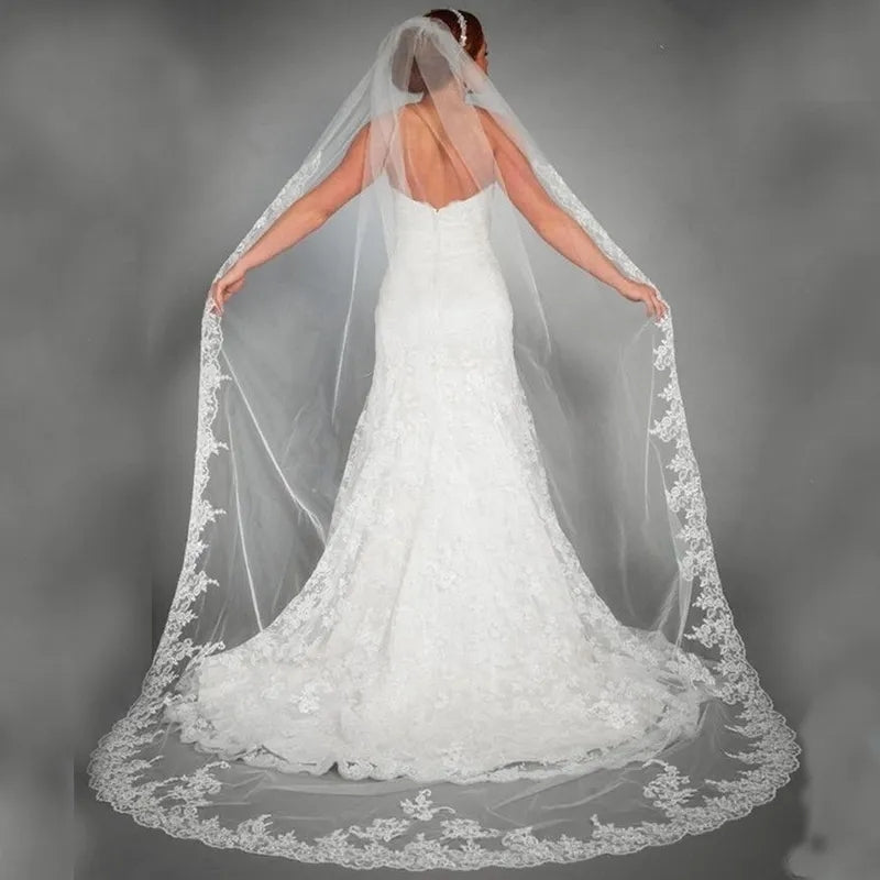 Floral Lace Edge Chapel Length Wedding Veil