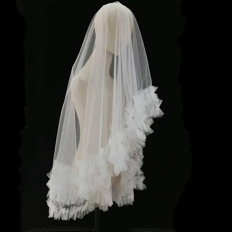 Simple Pleat Edge Tulle Waist Length Mantilla Wedding Veil w/ Blusher