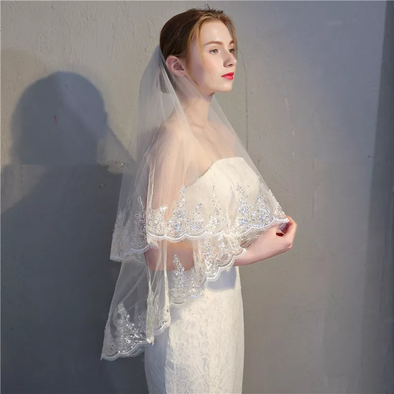 Sequin Lace Edge Waist Wedding Veil w/ Blusher