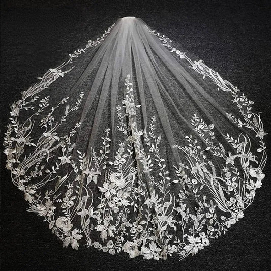 Floral Lace Applique Tulle Fingertip Wedding Veil