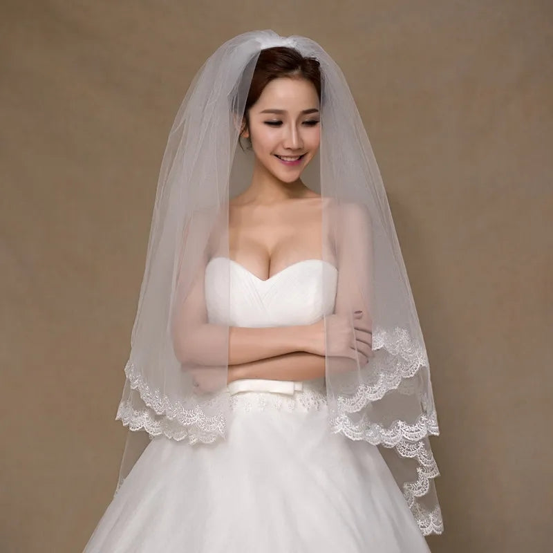 Lace Trim Waist Length Wedding Veil w/ Blusher