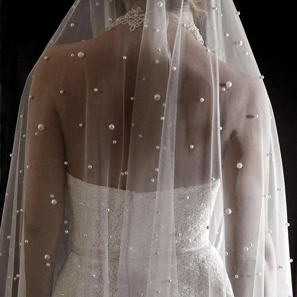 Pearl Tulle Mantilla Wedding Veil w/ Blusher Various Lengths