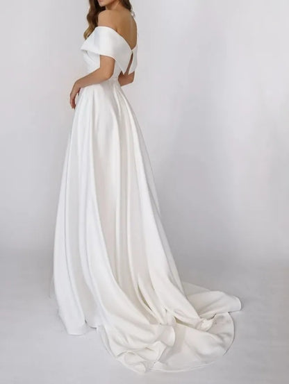 Simple Satin Off Shoulder A Line Wedding Gown All Sizes/Colors