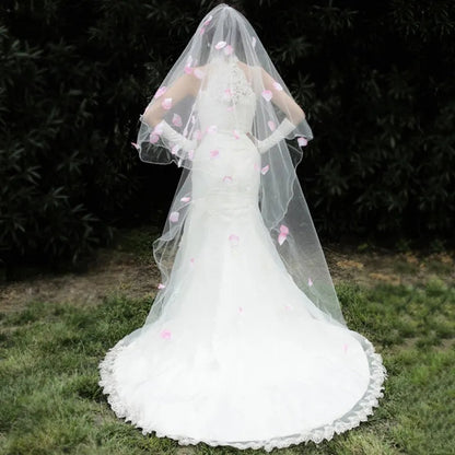 Rose Petal Accent Chapel Length Wedding Veil w/ Blusher