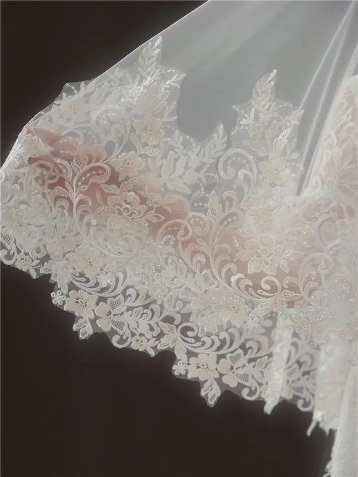 Vintage Lace Trim Mantilla Chapel Wedding Veil w/ Blusher