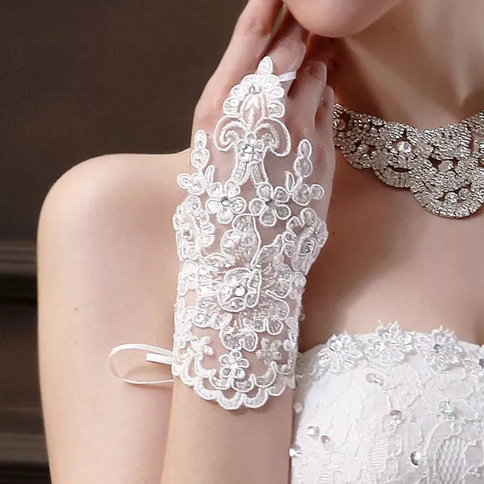 Rhinestone Lace Applique Fingerless Wrist Gloves