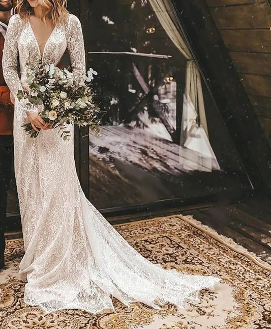 Custom Vintage Inspired Lace Boho A Line Wedding Gown All Sizes/Colors