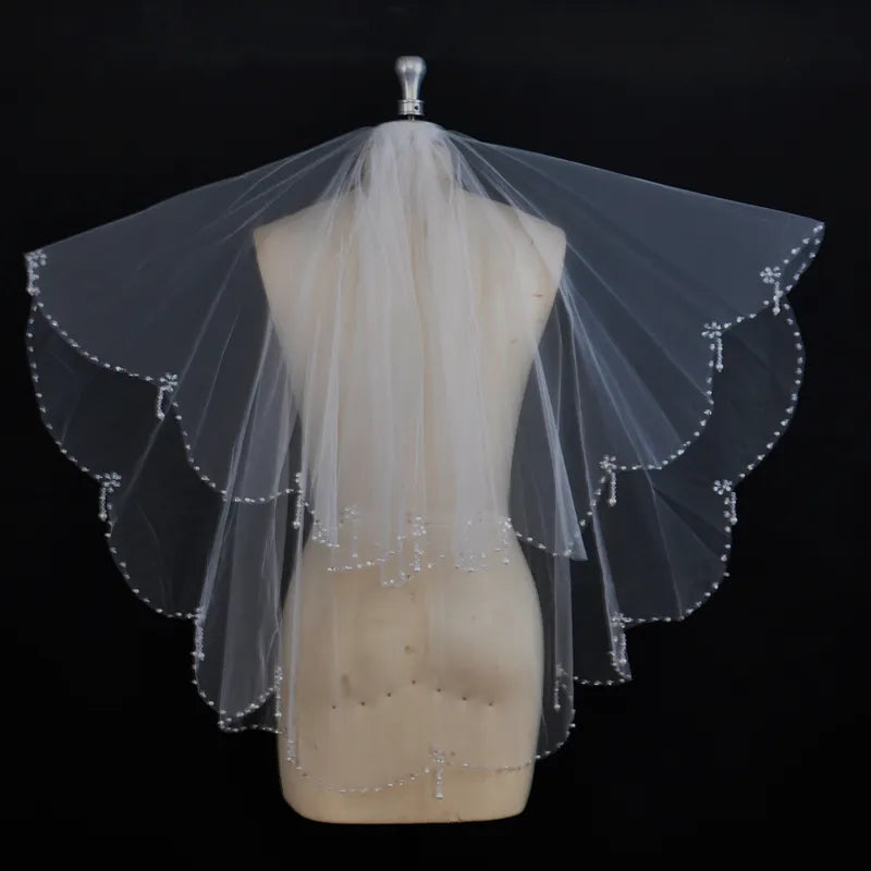 Beaded Edge Waist Length Wedding Veil w/ Blusher