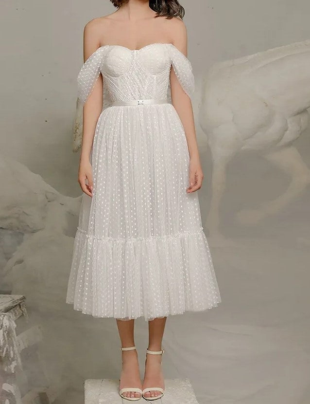 Polka Dot Tulle Of Shoulder Tea Length Wedding Dress All Sizes/Colors