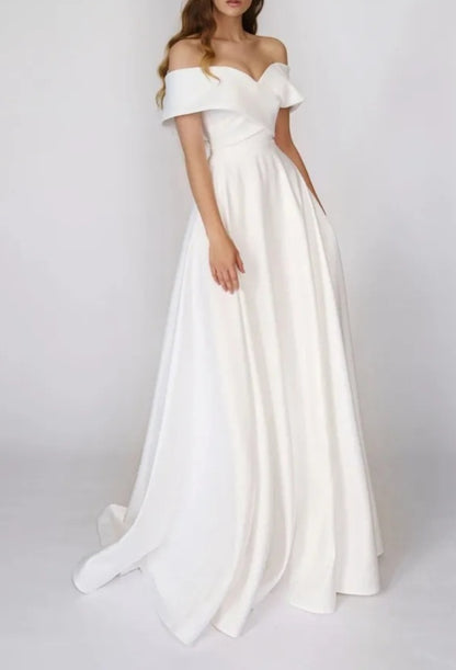 Simple Satin Off Shoulder A Line Wedding Gown All Sizes/Colors