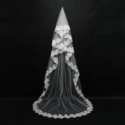 Lace Trimmed Chapel Length Mantilla Wedding Veil w/ Blusher