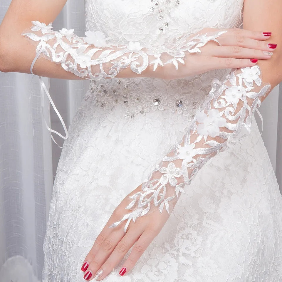 Pearl Applique Lace Fingerless Wedding Gloves