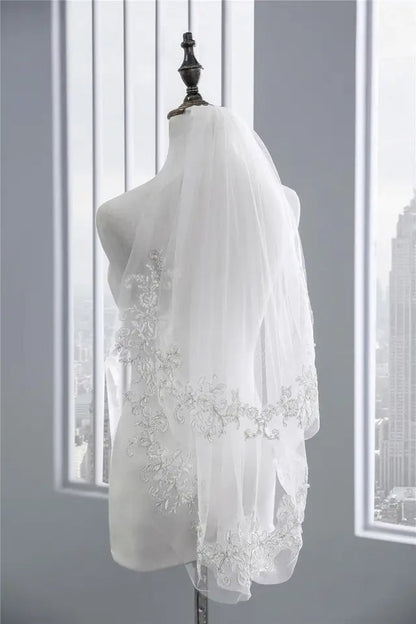 Pearl Lace Edging Tulle Elbow Length Wedding Veil w/ Blusher