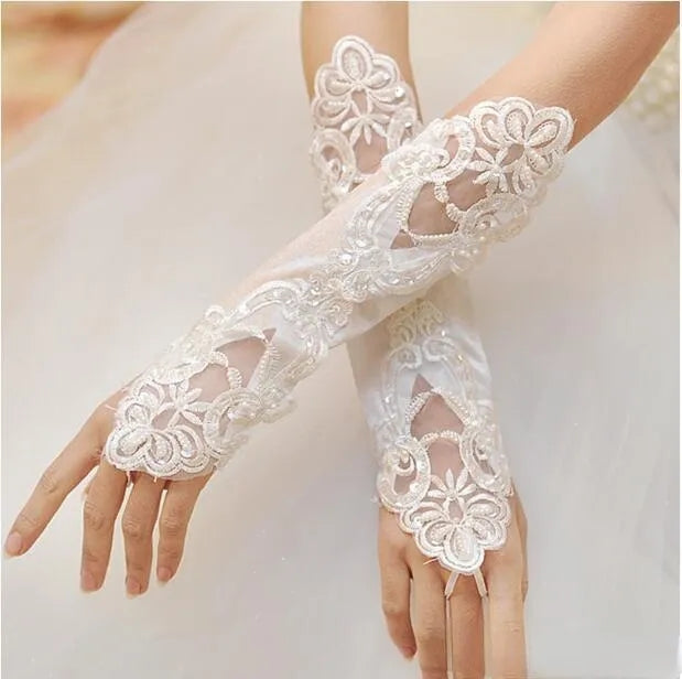 Flocked Satin/Beaded Lace Fingerless Wedding Gloves