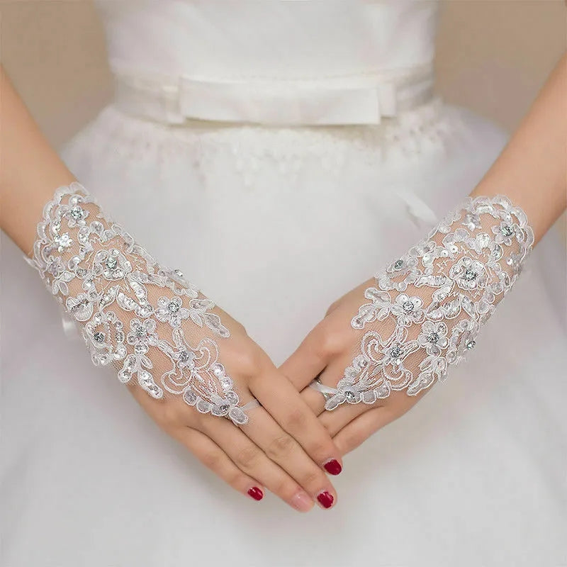 Sequined Lace Fingerless Wrist Wedding Gloves