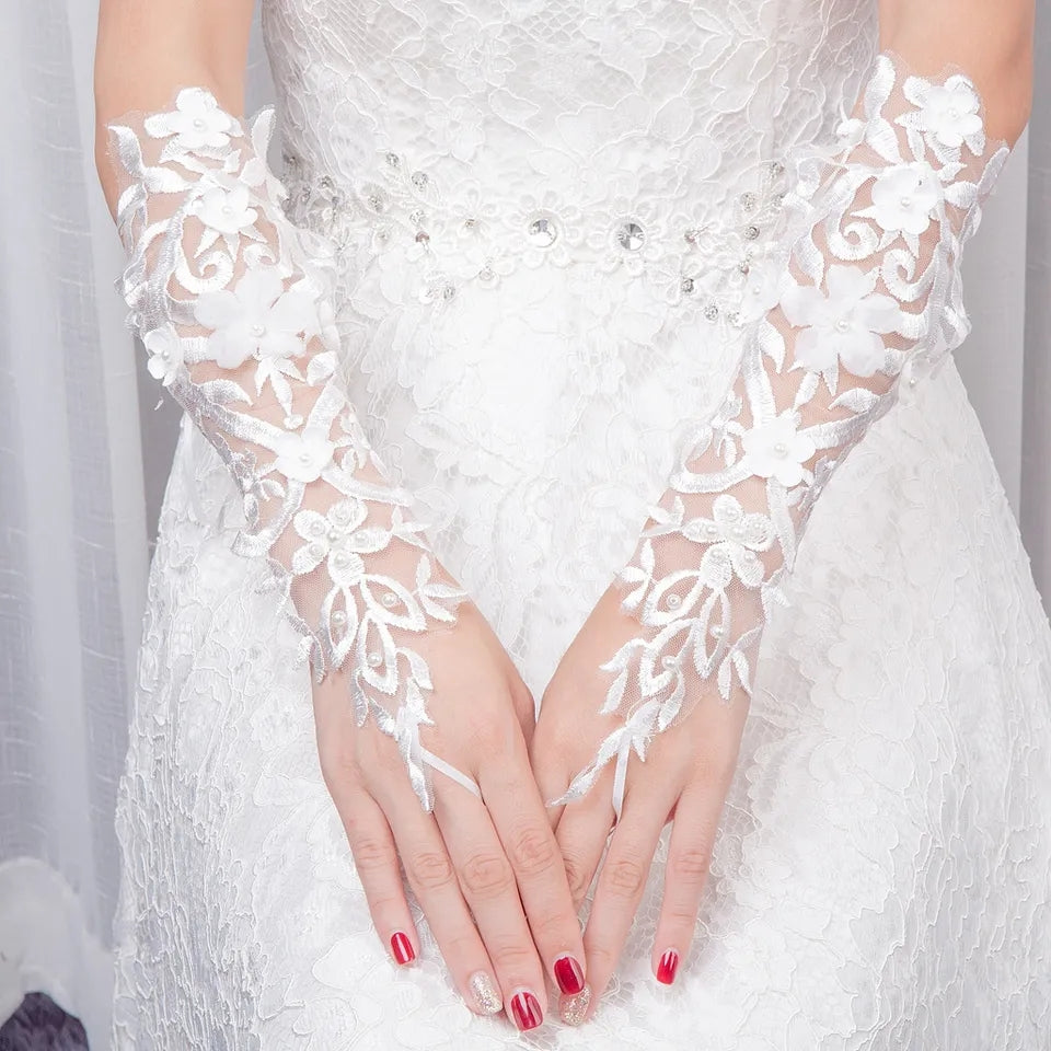 Pearl Applique Lace Fingerless Wedding Gloves