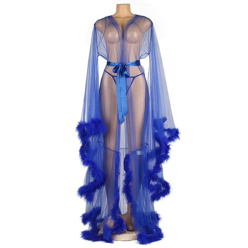 Feather Trim Sheer Dressing Gown