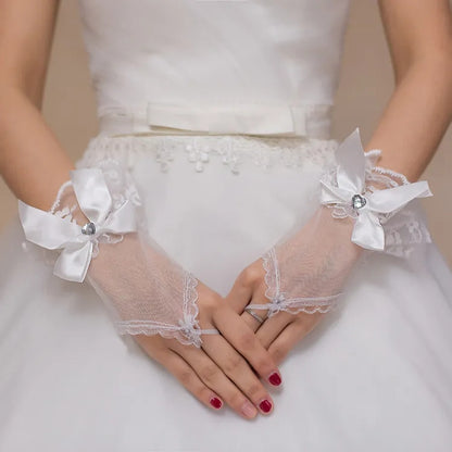 Satin Bow Accent Tulle Fingerless Wedding Gloves