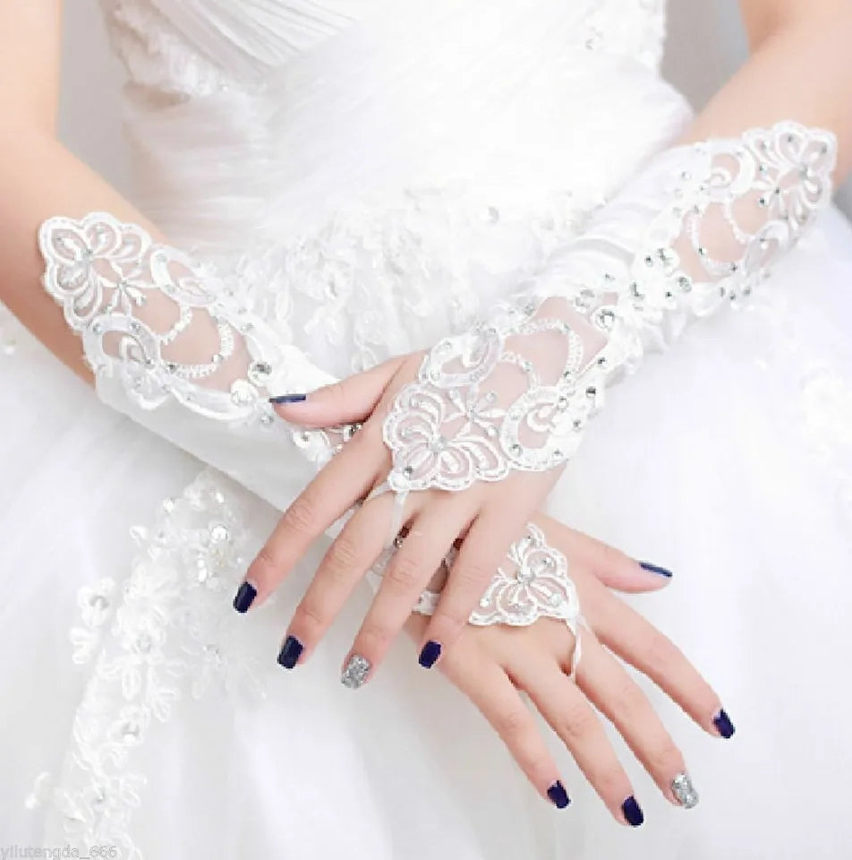 Rhinestone Satin/Lace Fingerless Wedding Gloves