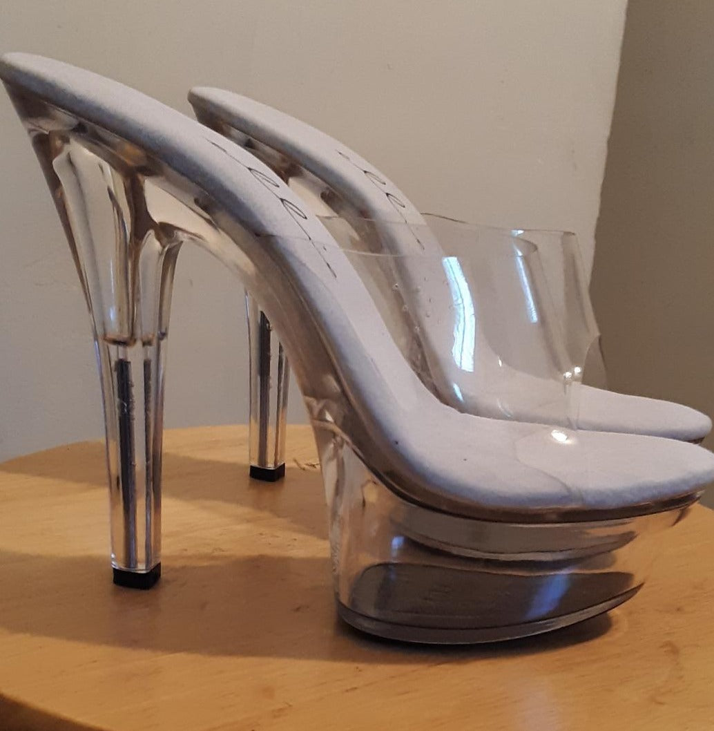 Vanity-601 Patent/Clear 6" Heel Mule Sandals