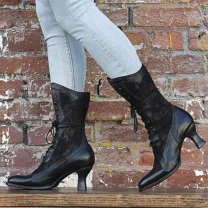 Victorian Faux Leather/Lace Mid Calf Boots