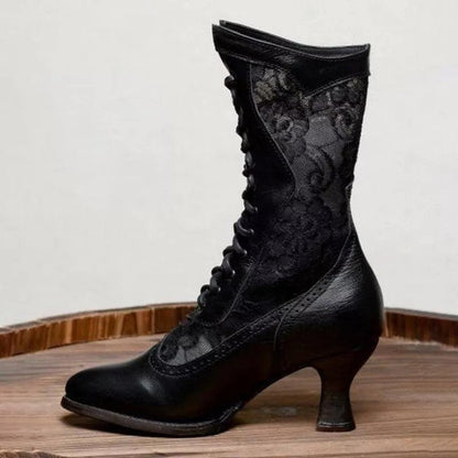 Victorian Faux Leather/Lace Mid Calf Boots