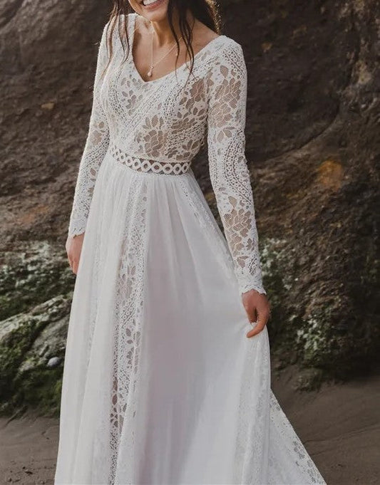 Custom Vintage Inspired Lace/Chiffon A Line Boho Wedding Gown All Sizes/Colors