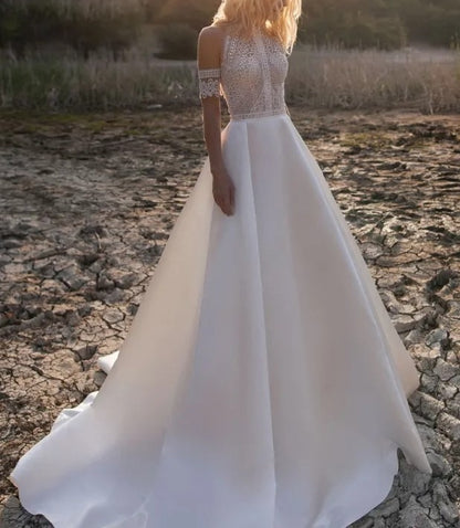 Custom Lace/Satin A Line Boho Wedding Gown All Sizes/Colors