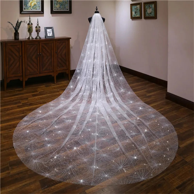 Starry Abstract Crystal Tulle Chapel Length Wedding Veil