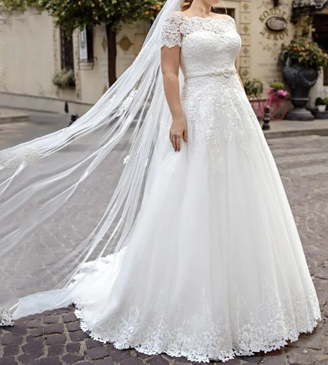 Lace/Tulle Belted A Line Wedding Gown All Sizes/Colors