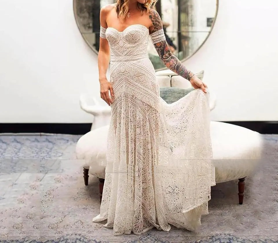 Country Crochet Lace Fit & Flair Wedding Gown All Sizes/Colors