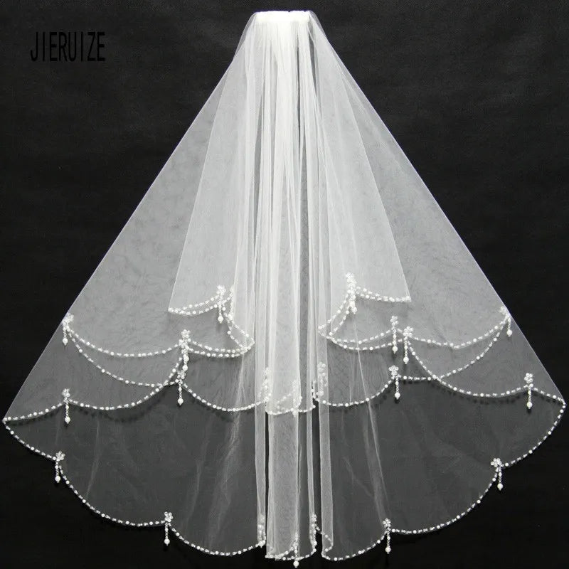 Beaded Edge Waist Length Wedding Veil w/ Blusher