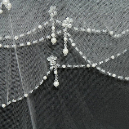 Beaded Edge Waist Length Wedding Veil w/ Blusher