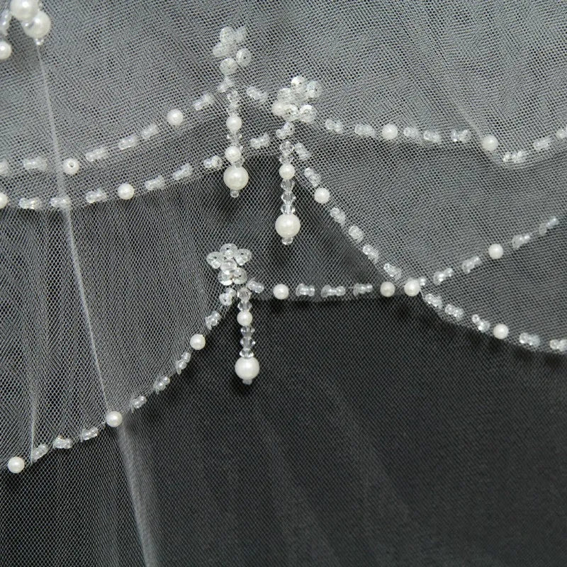 Beaded Edge Waist Length Wedding Veil w/ Blusher