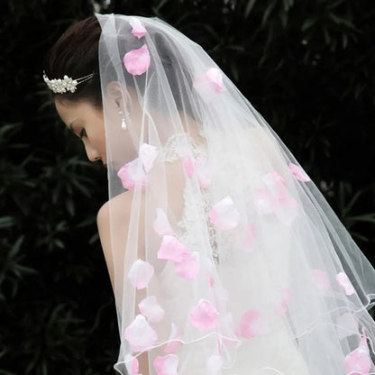 Rose Petal Accent Chapel Length Wedding Veil w/ Blusher