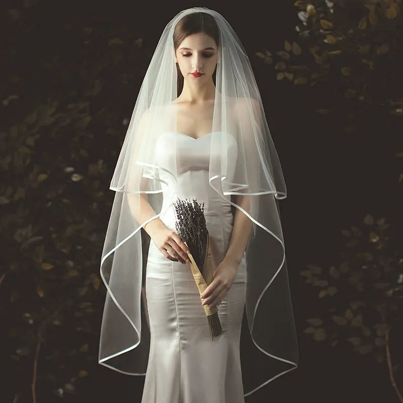 Elegant Satin Trimmed  Knee Length Wedding Veil w/ Blusher