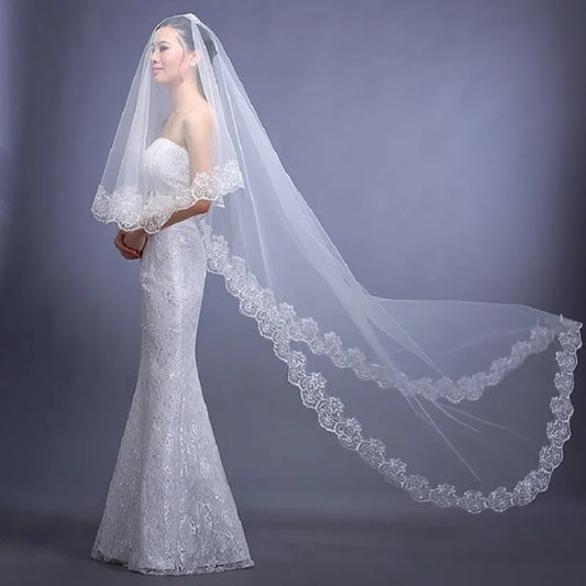 Lace Trimmed Chapel Length Mantilla Wedding Veil w/ Blusher