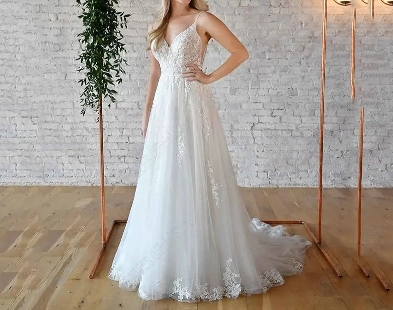 Shimmery Lace Applique/Tulle Summer A Line Wedding Gown All Sizes/Colors