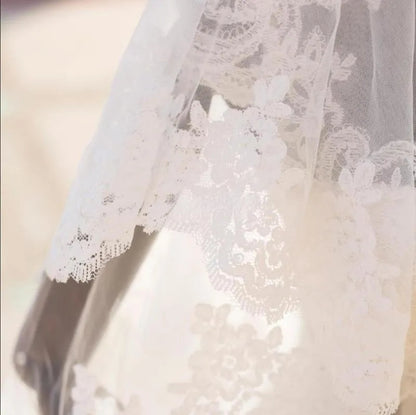 Vintage Lace Trim Waist Wedding Veil w/ Blusher