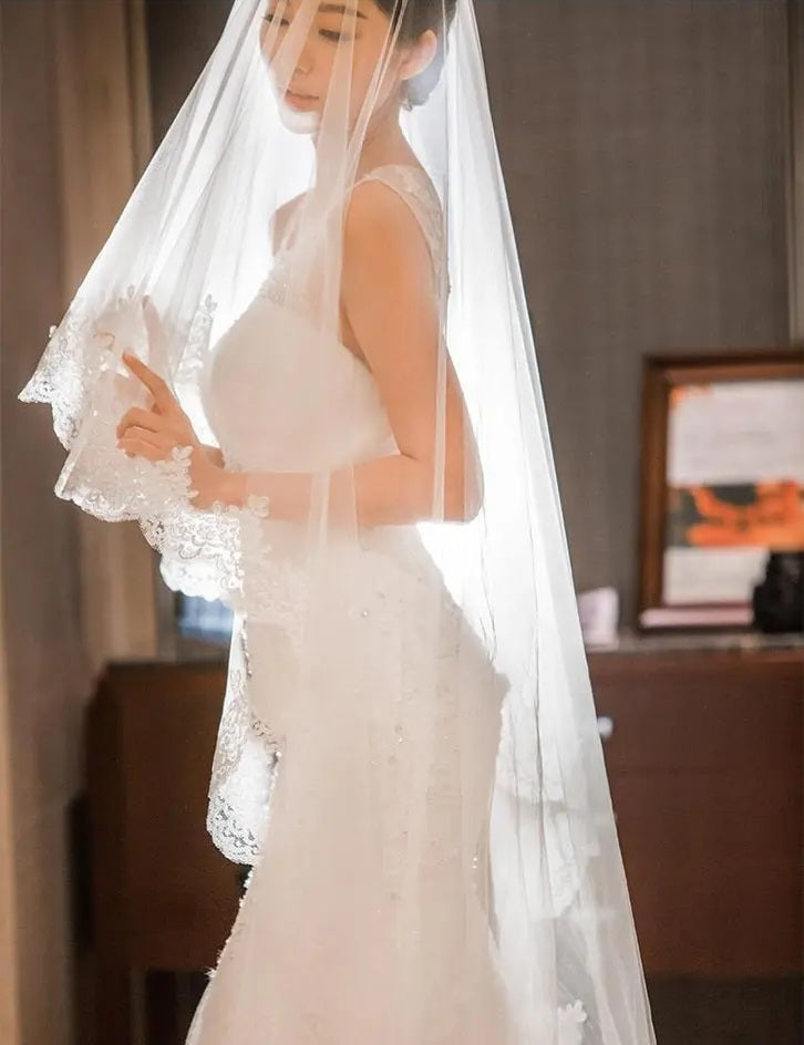 Lace Trim Chapel Mantilla Wedding Veil w/ Blusher