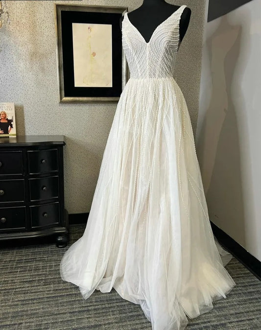 Pearl Detailed Tulle A Line Wedding Gown All Sizes/Colors