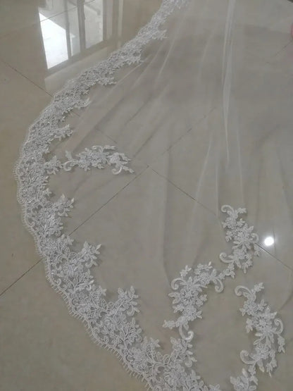 Floral Lace Edge Chapel Length Wedding Veil