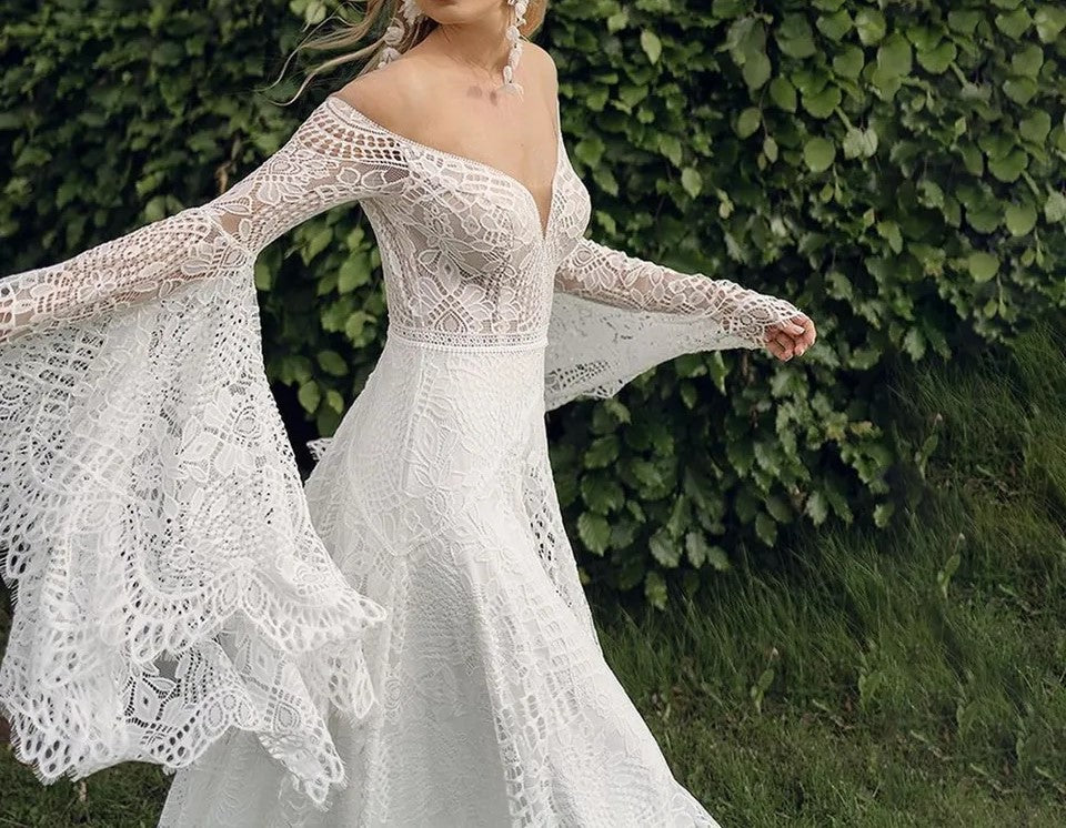 Custom Crochet Lace Fairy Boho Style A  Line Wedding Gown All Sizes/Colors